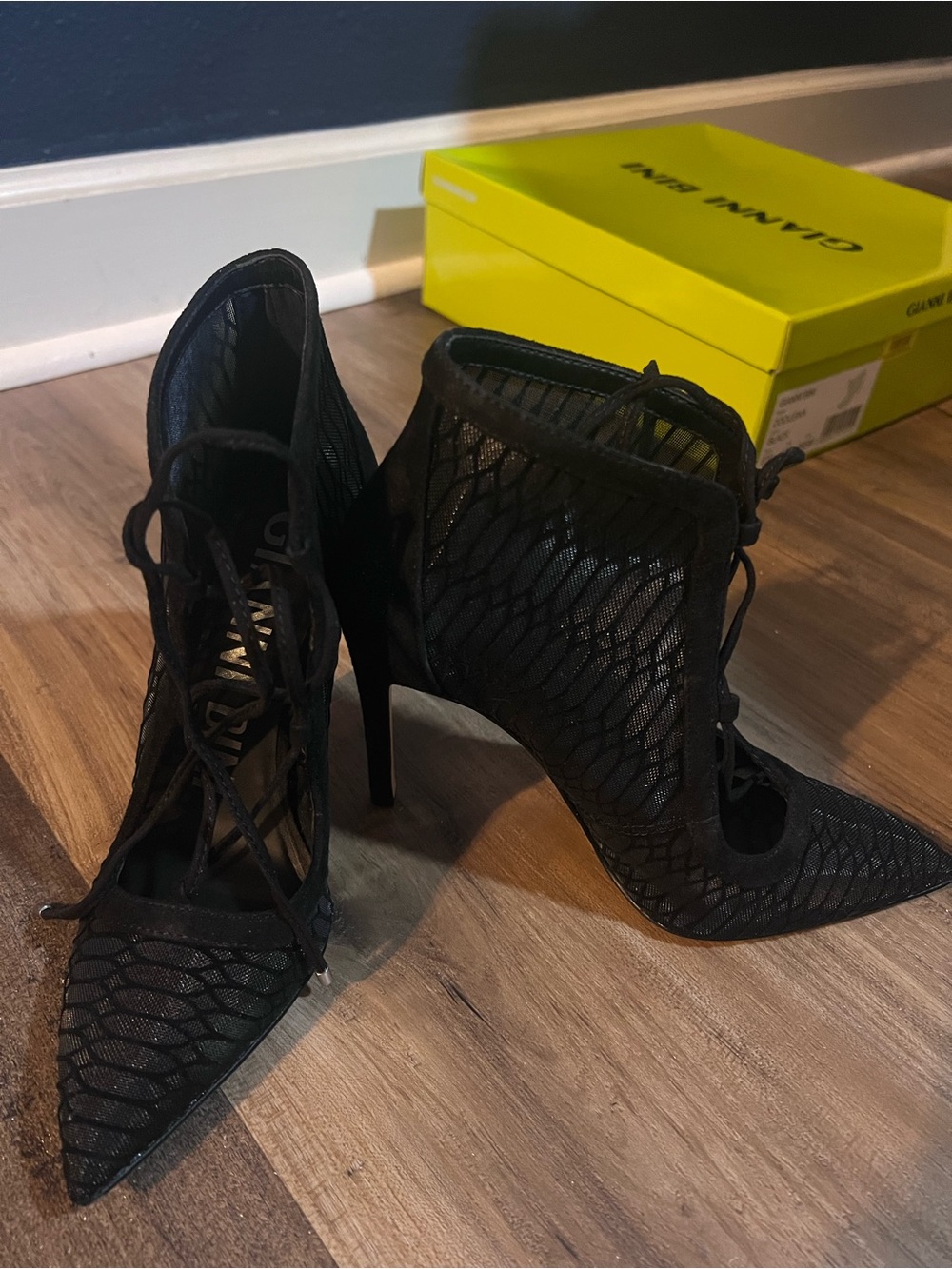 Gianni Bini Black Lace-Up Mesh Pointed Stiletto Booties